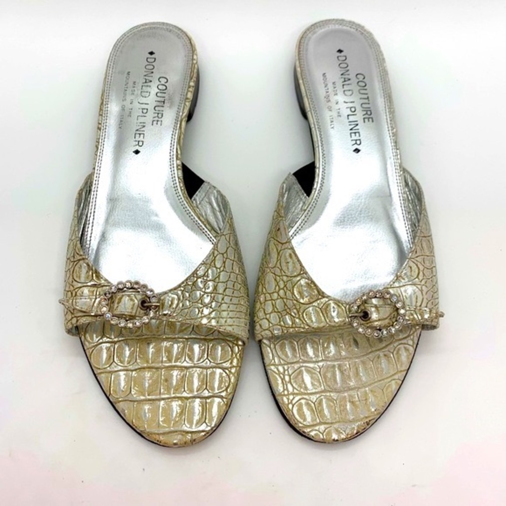 Donald J. Pliner Slides Mini Flat Alligator Rhinestone Silver Metallic 8 Classic